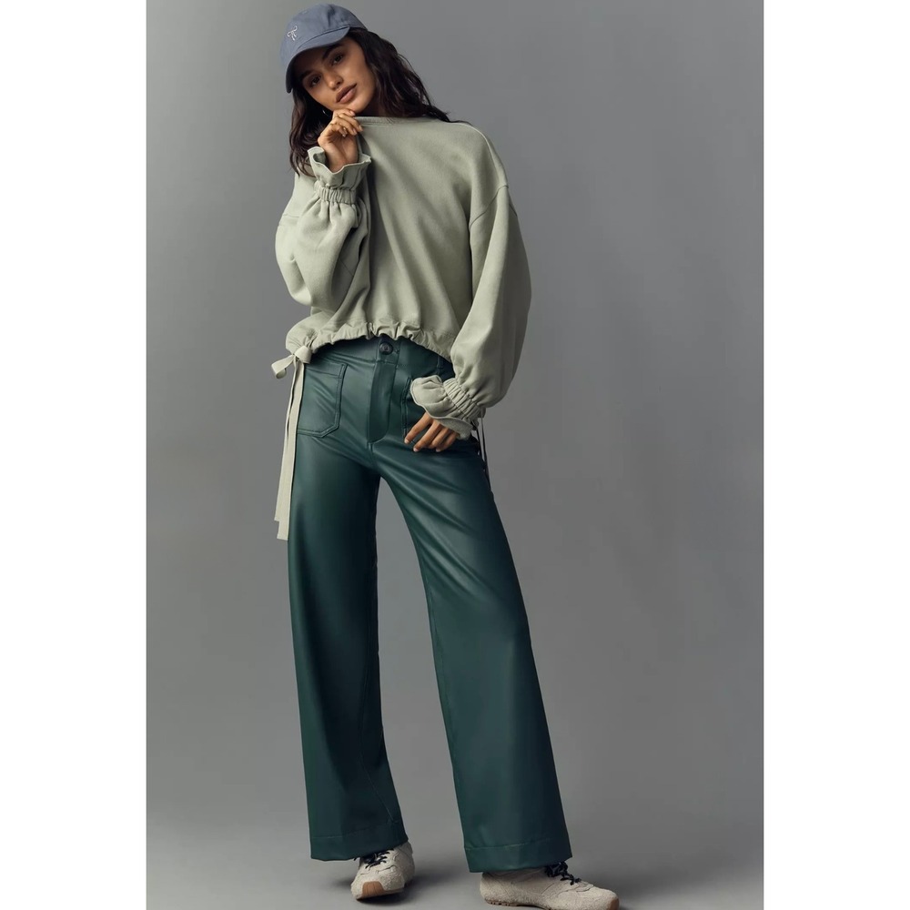 Maeve The Colette Faux Leather Pants Women 26 Green Wide Leg High Rise Pocket